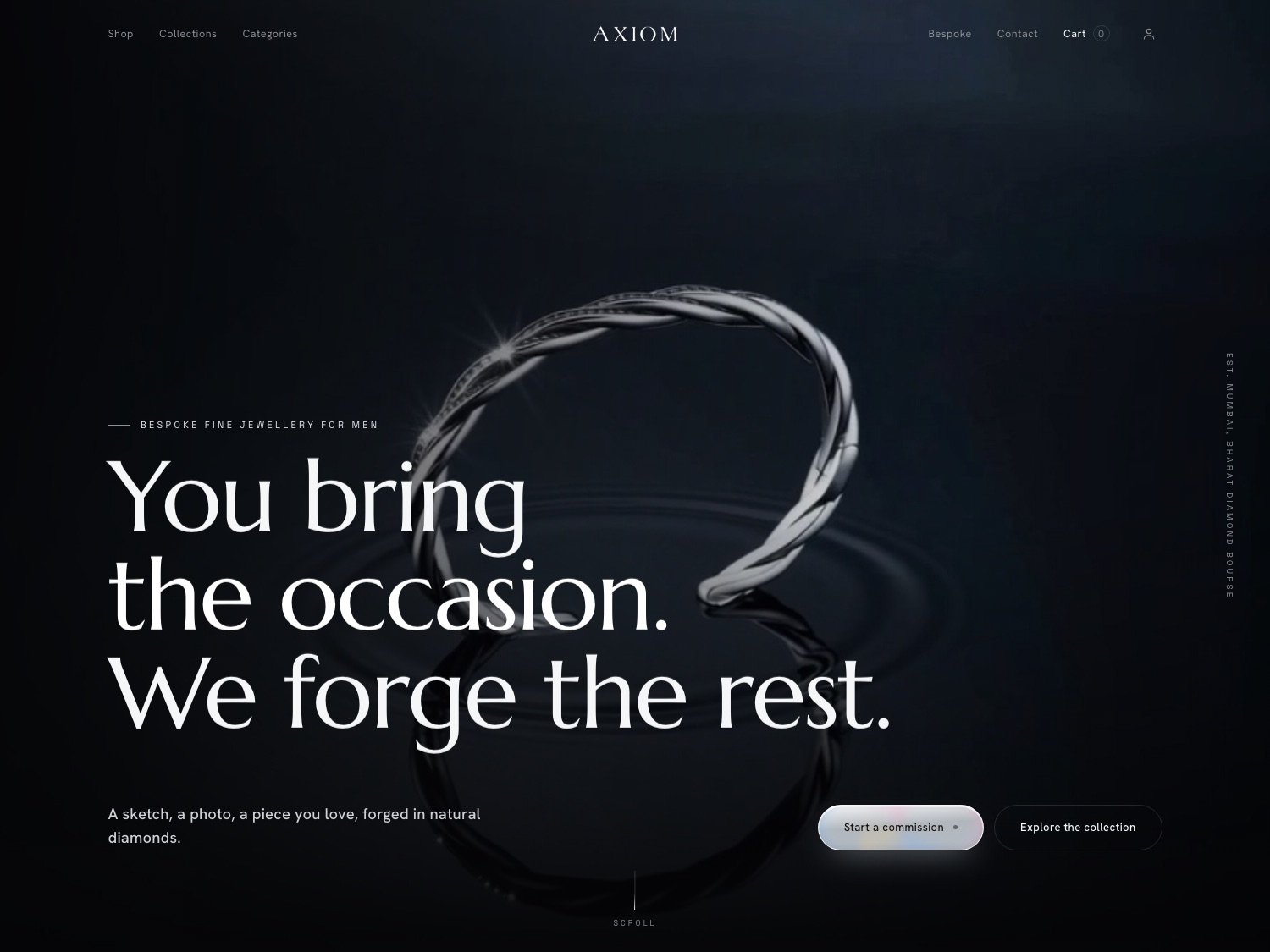 Axiom Jewellery homepage: You bring the occasion, we forge the rest. Bespoke fine jewellery for men, est. Mumbai, Bharat Diamond Bourse