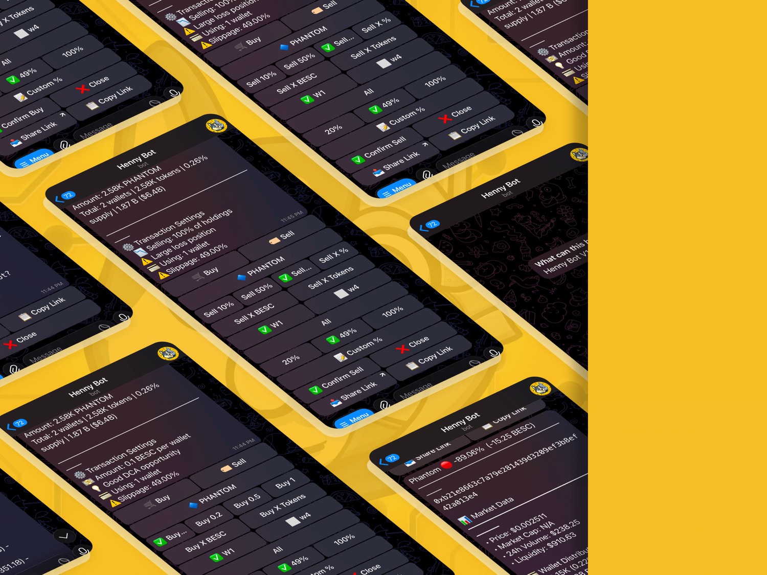 Henny Bot trading interface inside Telegram: buy and sell menus, wallets, slippage and live market data